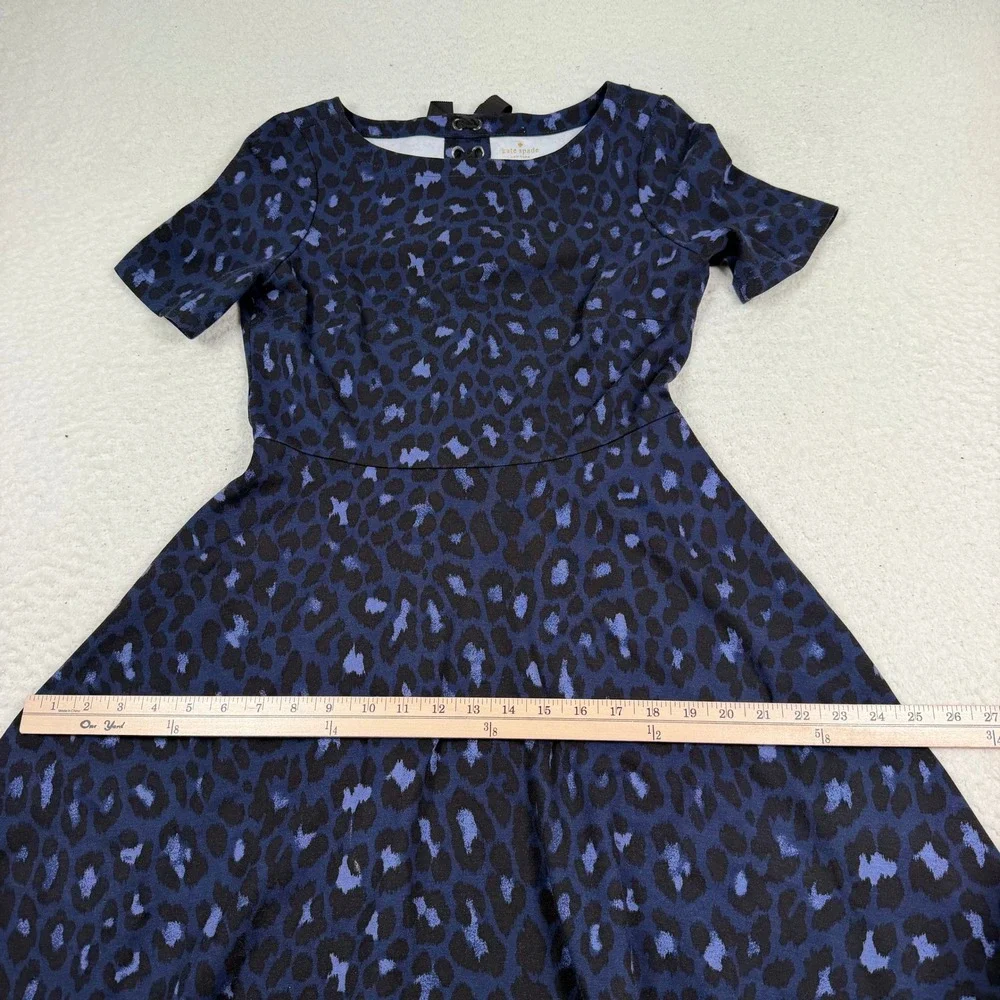 Kate Spade Fit Flare Dress Small Blue Leopard Print Lace Up Back Skater Preppy